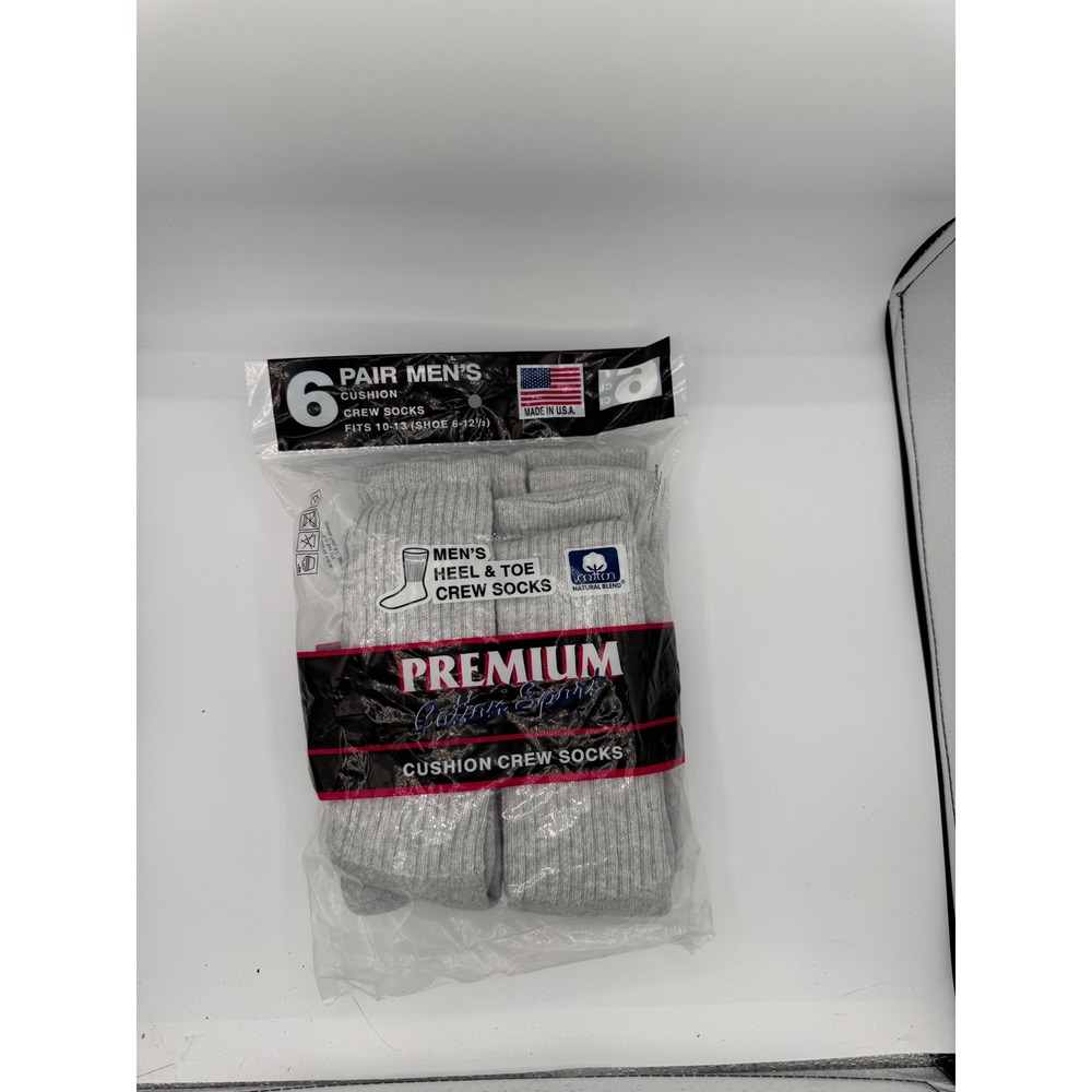 6 Pair Mens Premium Cotton Sport Cushion Crew Socks Gray Made in USA Size 10-13